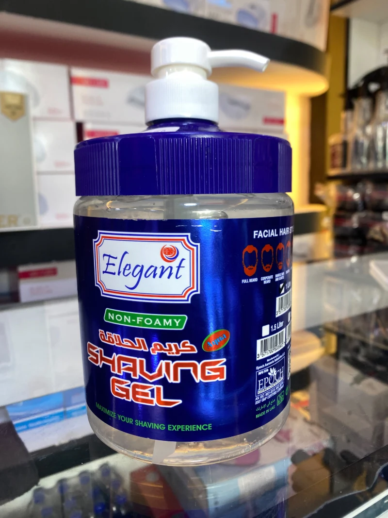 Elegant non-foamy shaving gel in a blue tub